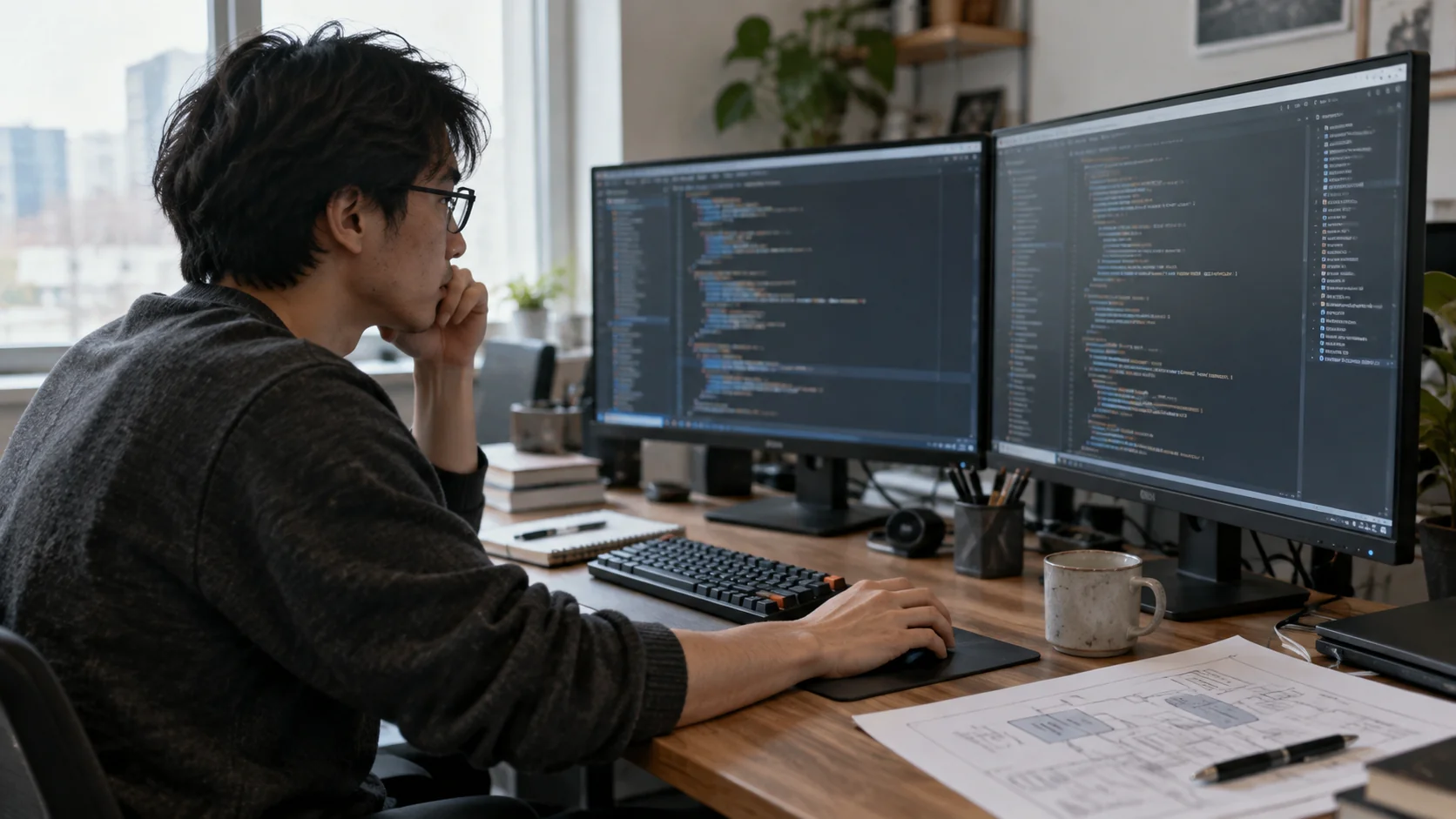 开发者检查多文件代码,作为编程任务的写实示意图