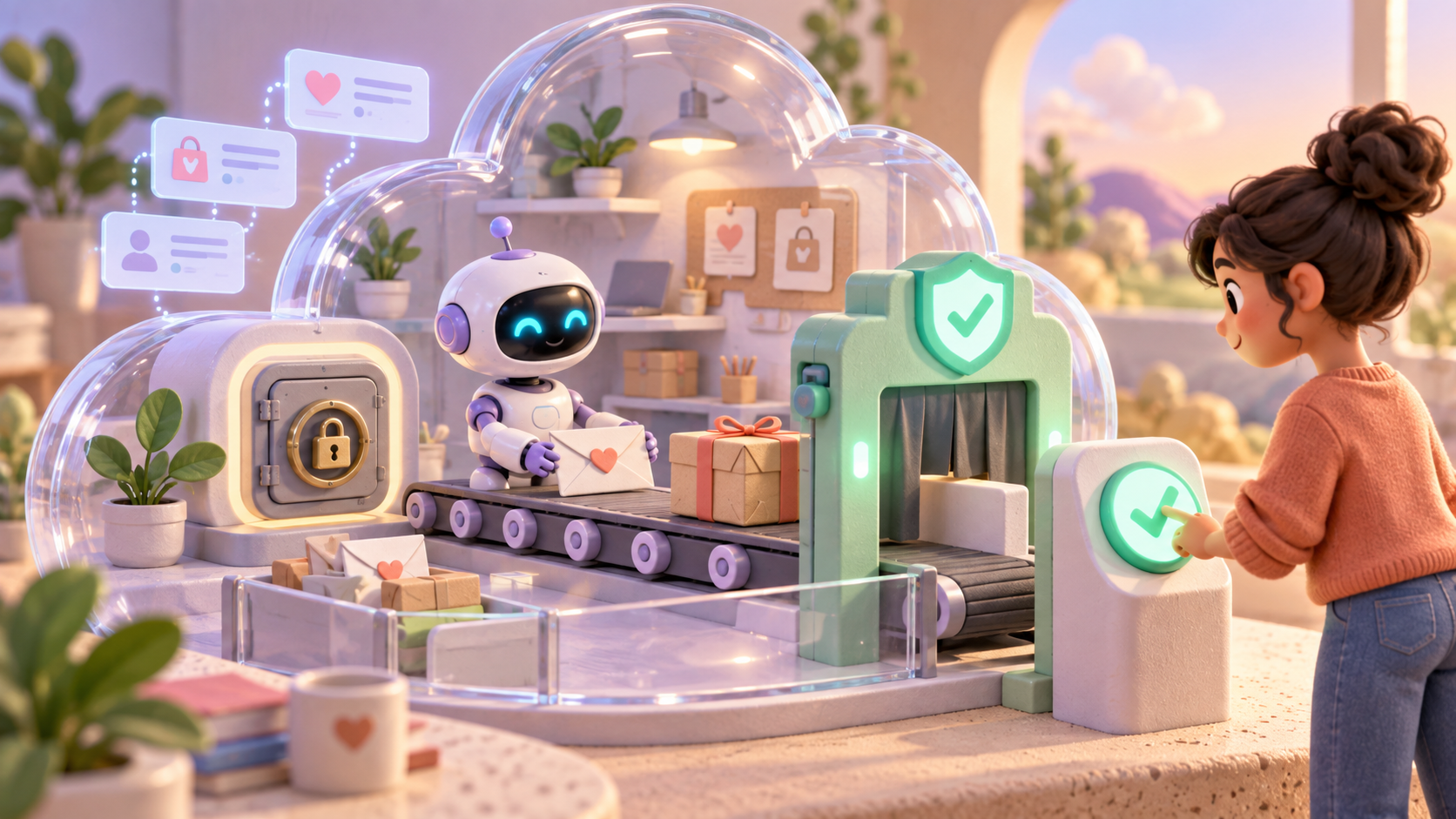 AI 在云端准备邮件与包裹,由用户确认后通过操作检查门