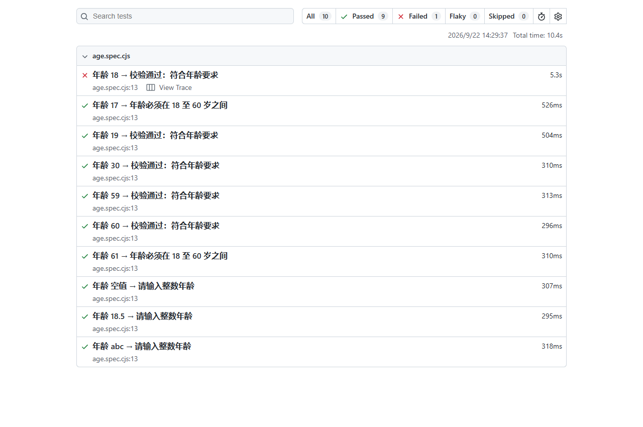 Playwright 真实 HTML 报告：教学缺陷版 10 个测试中 9 个通过、1 个失败